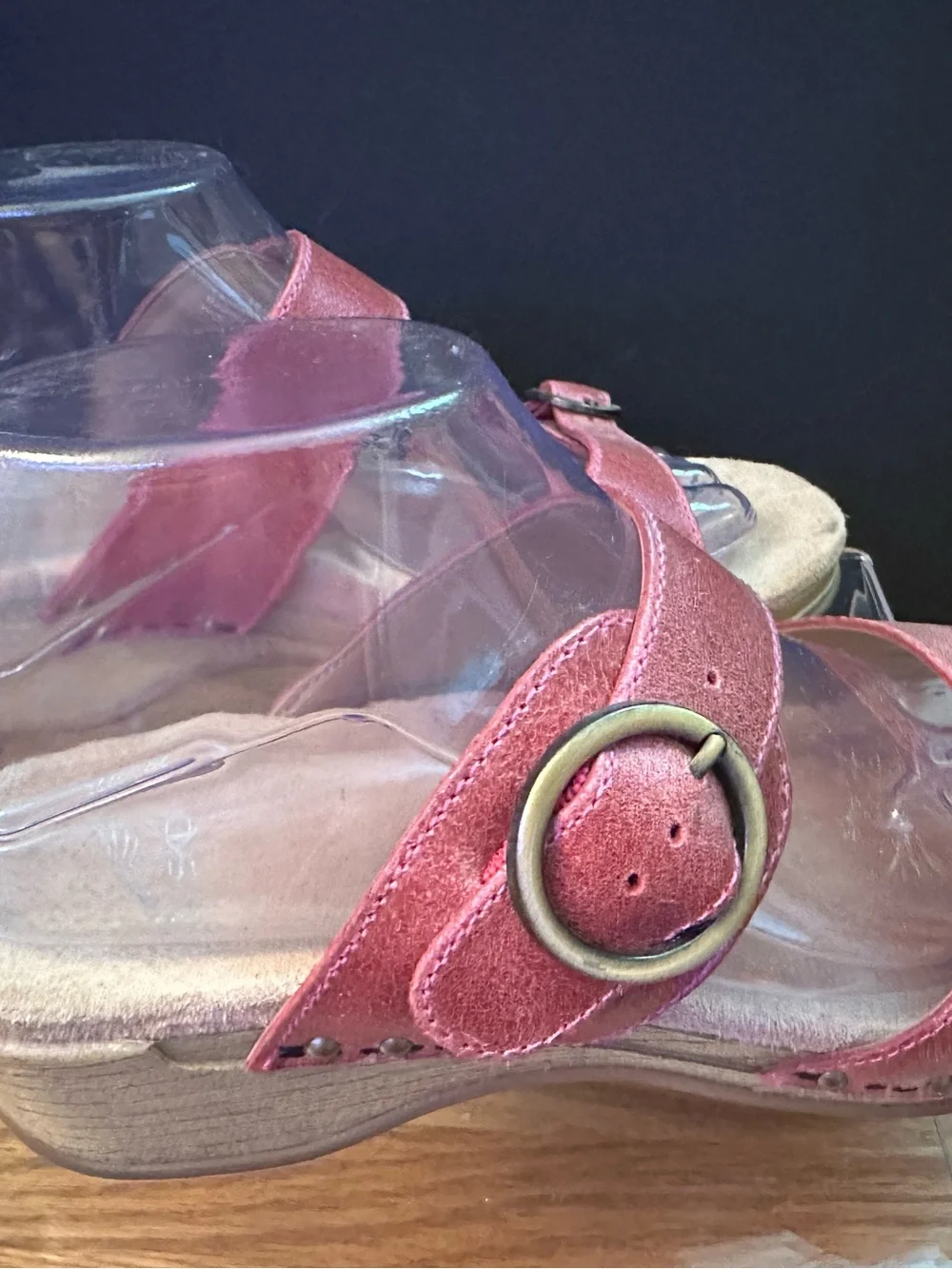 Dansko Pink Distressed Leather Wedge Buckle Sandals